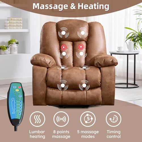 Image of CANMOV Power Lift Recliner Chair with Massage and Heat for Elderly, Overstuffed Wide Recliners, Heavy Duty and Safety Motion Reclining Mechanism with USB Ports, 2 Concealed Cup Holders, Brown