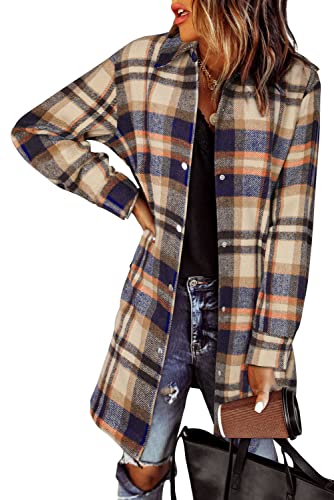 EVALESS Womens Fall Color Block Plaid Shacket Jacket Trendy V Neck Long Sleeve Button Down Blouses Tops Lightweight Flannel Shirts Jackets Cardigans Coats with Pockets Orange Large