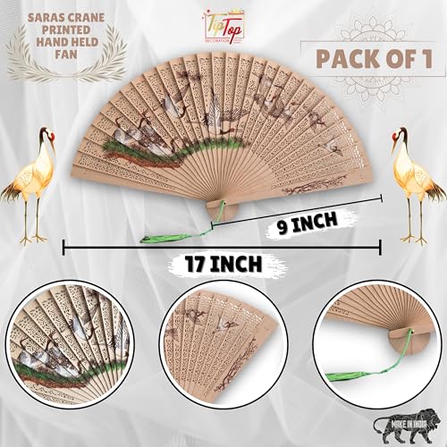 Image of Classic Saras Crane Hand Painted Designer Wooden Japanese Hand Held Fan (17 inch) (Pack Of 1)