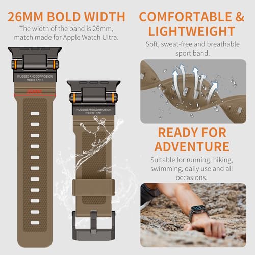 Image of FOAMUNOC Rugged Band Compatible with Apple Watch Ultra 3 /2 /1 Band 49mm /46mm /45mm /44mm /42mm, Metal Connector with Strap for iWatch Ultra Series 11 /10 /9 /8 /7 /6 /SE3 /SE2 /SE /5 /4 /3 /2 /1, Desert Tan /Black