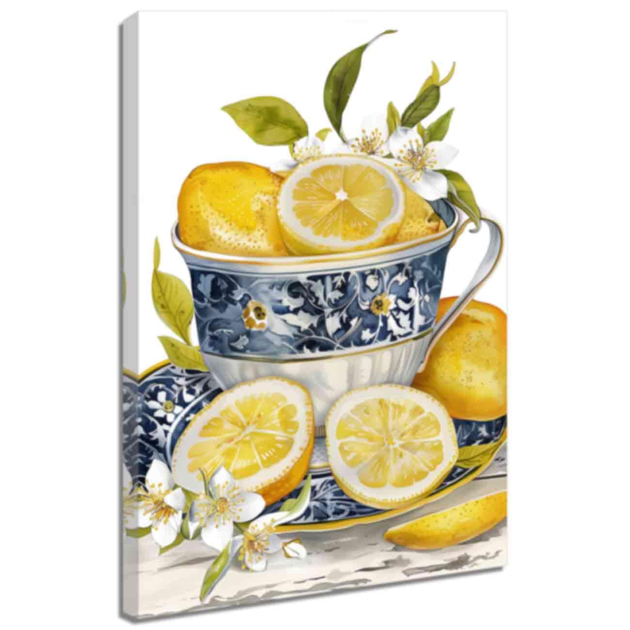 ZQQART Lemon Floral Wall Art Fruits in Tea Cup Painting Artwork Yellow Lemon Tree Picture Canvas Prints Farmhouse Kitchen Restaurant Artwork (Yellow,16" x 24")
