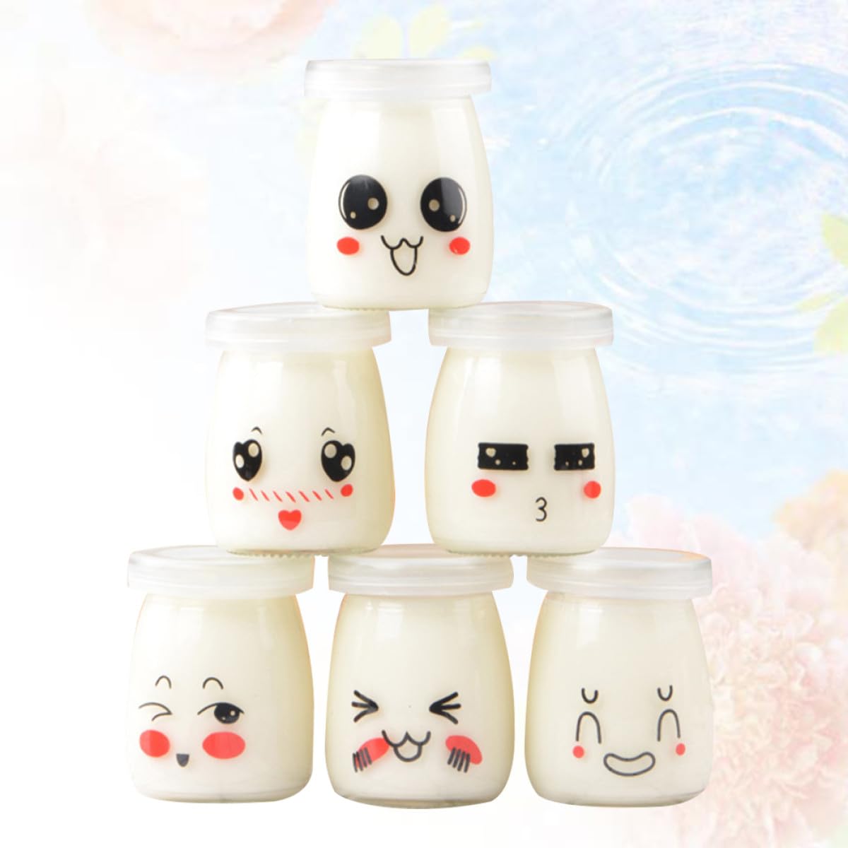 BESTYASH 10pcs Pots à Yaourt en Verre 100ml Motifs Visage Cartoon Adorables, Faciles à Nettoyer pour Yaourt, Pudding et Conservation Alimentaire Style Aléatoire