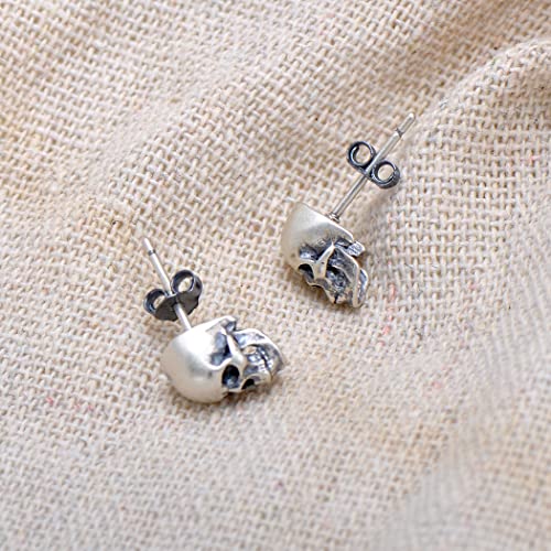 Paialco Sterling Silver Antiqued Skull Stud Earrings for Men Women, Cool Mens Earrings Hypoallergenic2