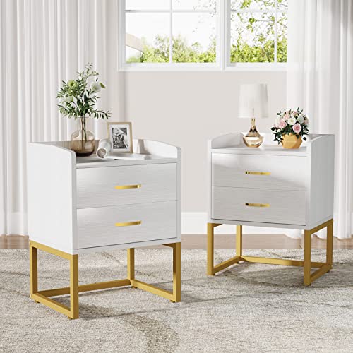 Tribesigns Nightstand Beadside End Table: White And Gold Night Stands Side Table With 2 Drawers, Wood Modern Sofa Table With Sturdy Metal Legs For Bedroom Living Room #TOP5