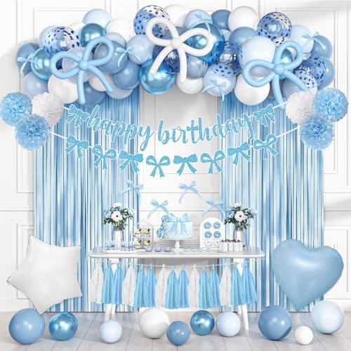 Light Blue Bow Birthday Party Decorations Coquette Bow Blue and White Confetti Long Balloons Happy Birthday Banner Fringe Curtain Tassel Pompoms For Women Girls Theme Baby Shower Party Decorations