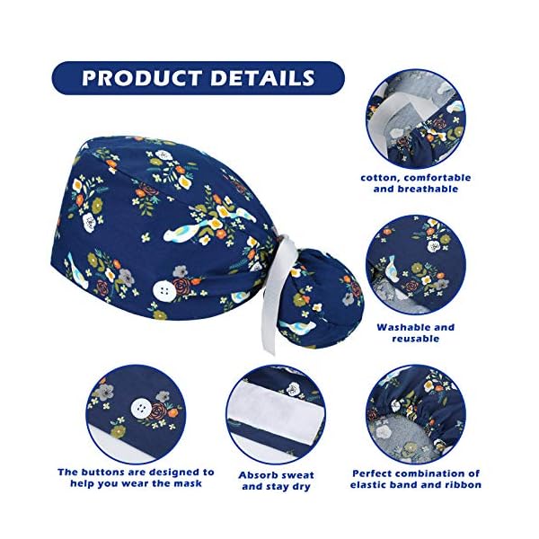 6-Pieces-Scrub-Caps-with-Buttons-Ponytail-Holder-and-Sweatband-Adjustable-Ribbon-Tie-Ponytail-Hats-Bouffant-Turban-Hats-Colorful-Printed-Beanie-Long-Hair-Covers-for-Women 6 Pcs Scrub Caps Women Nursing Hats with Buttons Adjustable Bouffant Nurse Ponytail Holder Turban Patterns