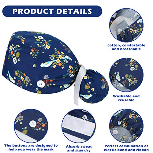 Image of Honoson 6 Pcs Scrub Caps Women with Buttons | Adjustable, Bouffant Surgical Caps, with Ponytail Holder, Cotton Nurse Hats