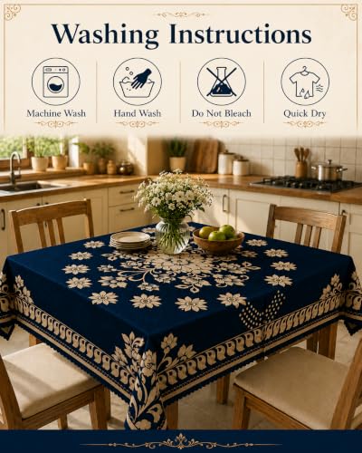 Image of Floral Dining Table Cover for 4 Seater | 58 x 38 Inch Rectangle Polyester Table Cloth | Washable Fabric Table Cover for Dining Table | Dust & Scratch Protection | Blue