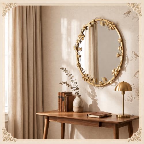 Image of Huwena 24 Inch Round Gold Mirror, Ornate Floral Butterfly Frame Wall Mirror