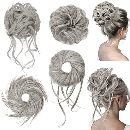 HOOJIH Messy Bun Hair Pieces, 4 Pieces Messy Bun Straight Bun Hair Pieces for Women Wavy Tousled Updo Short Ponytail Hair Extensions Large Bun with Elastic Band - Smoke Gray