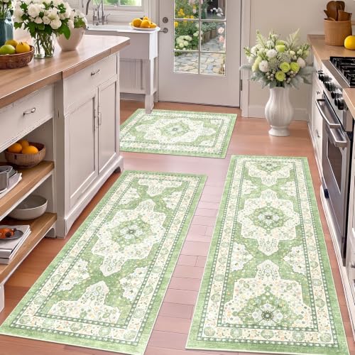 TUKDAK Boho Washable Kitchen Rug Set of 3, Soft Thick Non-Slip Kitchen Floor Mat, Sage Green Stain Resistant Rugs for Bathroom, Sink Front, Entryway, Hallway, Laundry Room, Farmhouse Decor by TUKDAK - Used condition - US$29.82