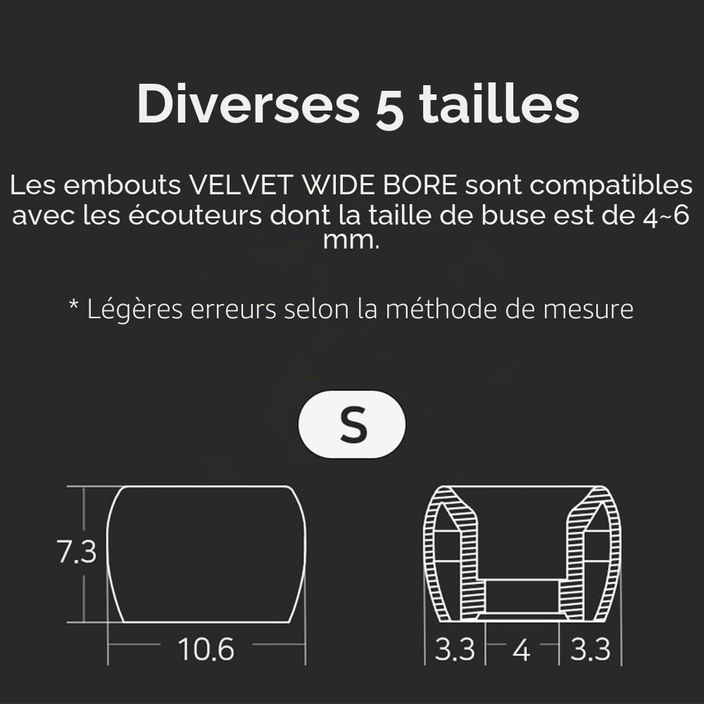 ELOIT Lot de 5 paires d'embouts en silicone à large alésage velours pour buse de 4 à 6 mm, embouts remplaçables pour écouteurs IEM avec qualité sonore et confort améliorés (taille complète (5 paires)