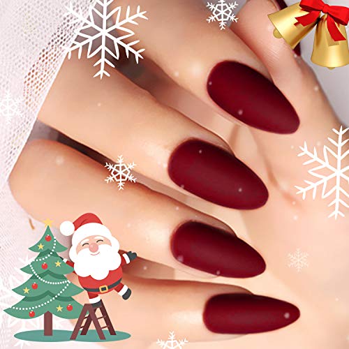 24 Pcs Christmas Fake Nails Matte Stiletto Long Almond Shape Nails Deep Burgundy Full Cover Nail Art Medium FALSE Gel Nails Tips Sets for Women Teens Girls (Deep Burgundy)