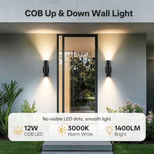 Image of Modern Outdoor Wall Light Fixtures, 2 Pack Integrated COB LED Cylinder Up Down Wall Sconce, 12W 3000K Matte Black Aluminum Waterproof Exterior Porch Lights for House Entryway Garage