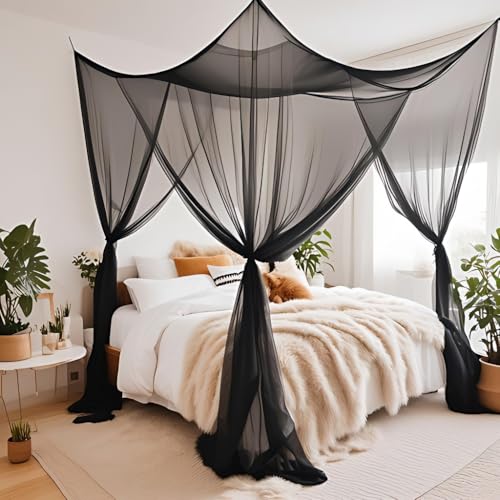 Bed Canopy, Black Canopy Bed Curtains for Twin Full Queen Size, Square Mosquito Net for Bedroom Patio Indoor Outdoor, Gothic Halloween Decoration