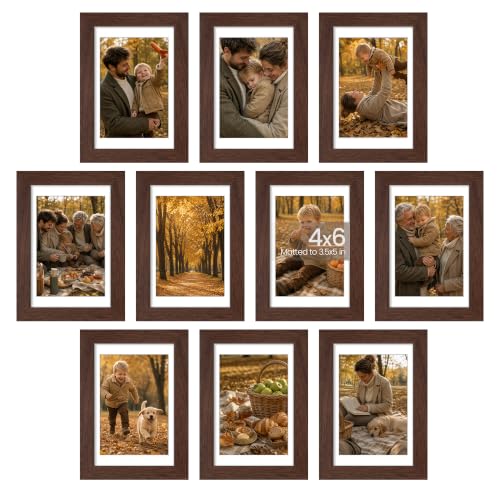 Image of upsimples 4x6 Picture Frame Set of 10, Display Pictures 3.5x5 with Mat or 4x6 Without, Multi Photo Frames Collage for Wall or Tabletop Display, Brown