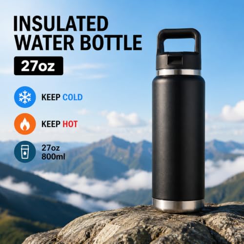 CYPHERTAN 27oz Water Bottle with Straw Lid Vacuum Insulated Stainless Steel BPA-Free Reusable Cup for School, Sports, Travel (Black) - image 3