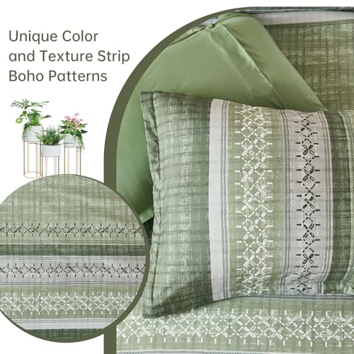 Image of Dintszyayue Sage Green King Comforter Size Set, 8 Pieces Striped Boho Texture Bed in a Bag Sets, Lightweight Soft Bohemian Comforter and Sheet Set, All Season Microfiber Bedding Sets for Men Women