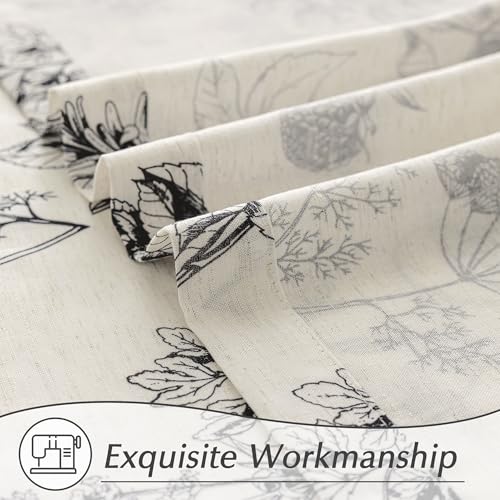 Image of FMFUNCTEX Linen Curtains Floral Patterned Curtain for Bedroom Living Room, Black Curtains 63 Inch Length Farmhouse, Light Filtering Beige Window Curtain Grommet Top 2 Panels Set