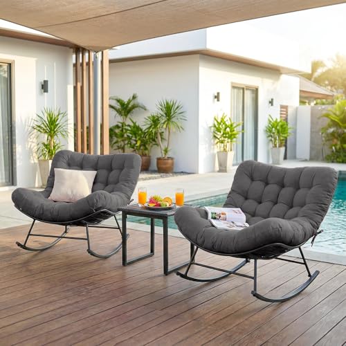 FYRICKYLINOO Oversized Outdoor Rocking Chairs Set of 2 with Wicker Side Table, Thick Cushioned Rocking Papasan Chair with End Table, 3PCS Oversized Egg Chair Set for Patio, Porch, Balcony, Grey