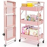 キッチンワゴン キッチン収納カート 収納ワゴン キャスター付き 折りたたみ式 3段 ワゴン 移動式 ハンドル付き バスケットラック おしゃれ 組立不要 キッチン ワゴン 幅44×奥行30×高さ89cm ピンク