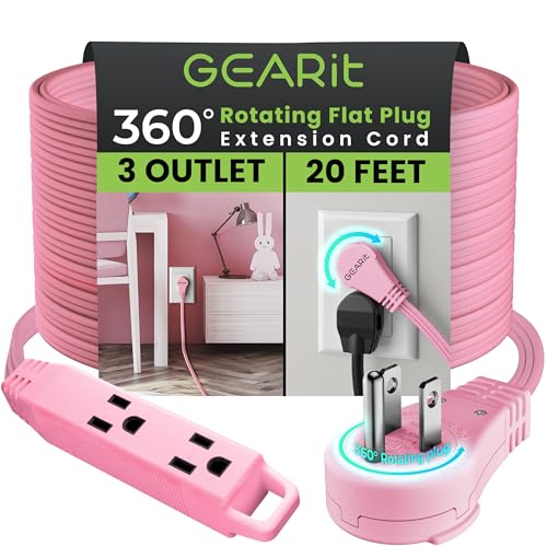 GEARit - Cable de extensión de enchufe plano giratorio 360 con 3 salidas (20 pies, rosa) 16AWG/13A cable...