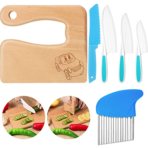 Image of 7 Pieces Wooden Kids Kitchen Knife Include Wood Kids Knife Plastic Potato Slicers Cooking Knives Serrated Edges Toddler Knife Kids Plastic Knife Resistant Gloves for Kitchen Children (Car)
