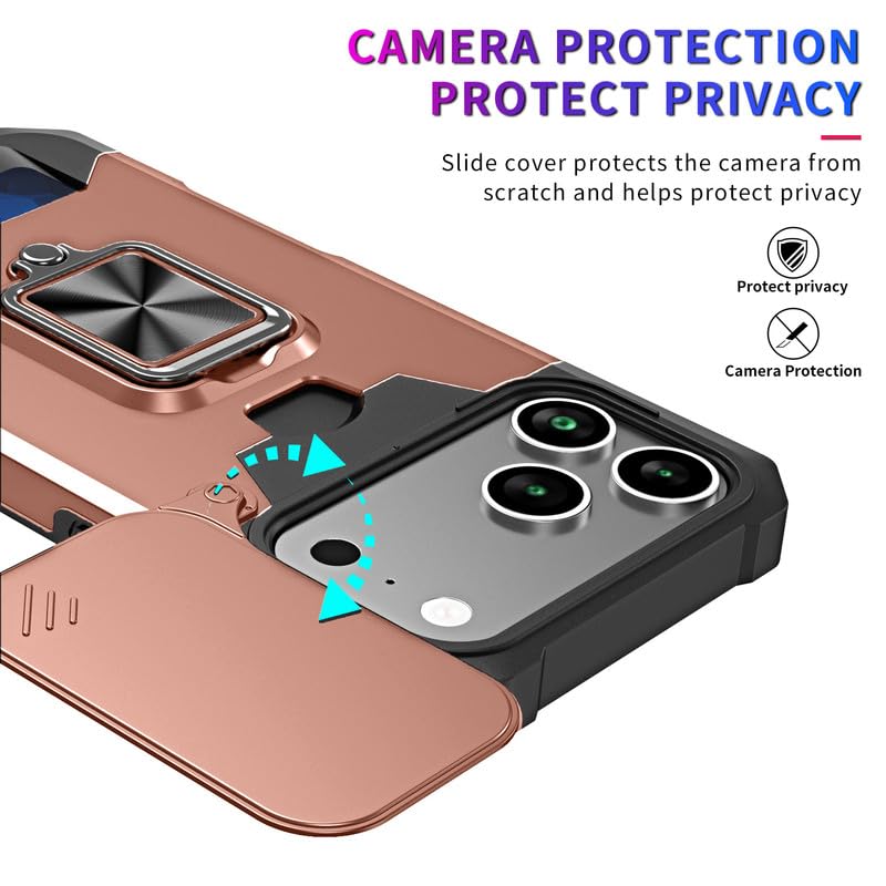 Image of LuxuryKase Shockproof Armor Case for iPhone 17 Pro Max | Slide Camera Cover | Hidden Card Slot | Rotating Ring Kickstand | Magnetic Car Mount Support | Military Grade Protection - Rose Gold