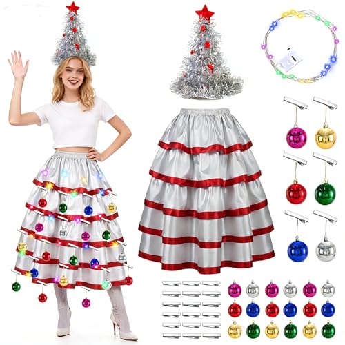 Maazusa Christmas Tree Costume Set for Women Christmas Novel Outfit Xmas Skirt with Hat Accessories Set for Festive Party Dess Up