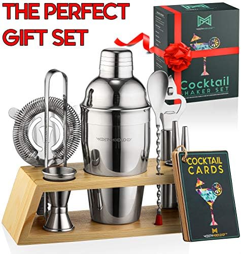 Bartender Kit with Bamboo Stand, Cocktail Shaker Set and Bar Accessories for Home Bar, Drink Mixing, and Mixology Kit