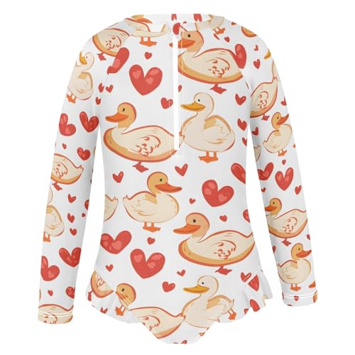 Duck and Red Heart Girls Long Sleeve Swimsuit Rash Guard One Piece Bathing Suits Zipper 3-12T2