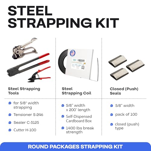 Image of IDL Packaging Round Packages Strapping Kit for 5 /8 inch x 200' Steel Strapping, 1400 lbs Break Strength - Packaging Strapping Solution for Pipes - Enough Strapping and Seals for 100 Uses Before Refill