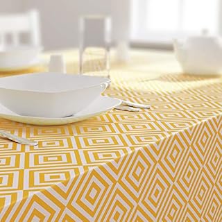 Dehaus® Wipe Clean Table Cloth - Small Ochre Geo Diamond | Wipe Clean PVC Oilcloth Table Cover | Circle Plastic Vinyl Tablecloth | Water Resistant & Easy To Clean | Kitchen or Dining Table Protector
