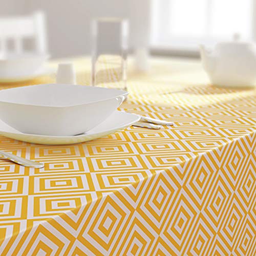 Dehaus® Nappe Carrée Anti Tache Jaune en PVC, Nappe de Table, Nappe Plastique, Petite Toile Cirée, Couverture de Table en Vinyle 140 cm x 140 cm (Motif Moderne Géométrique Imprimé Moutarde/Ocre)