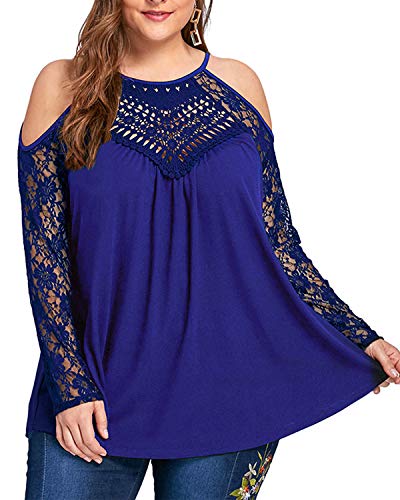 GAMISS Women's Casual Plus Size Tops Off Shoulder Lace Long Sleeve Loose Summer Shirts Blouse Royal Blue 3XL