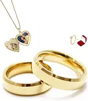Par de Alianças Italianas 4mm Anatomicas Chanfradas com Anel Solitário com Pedra de Zirconia e Colar Relicário Porta Fotos Banhados a Ouro Com Caixa de Veludo Casamento Noivado Namoro