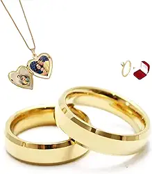 Par de Alianças Italianas 4mm Anatomicas Chanfradas com Anel Solitário com Pedra de Zirconia e Colar Relicário Porta Fotos Banhados a Ouro Com Caixa de Veludo Casamento Noivado Namoro