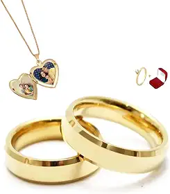 Par de Alianças Italianas 4mm Anatomicas Chanfradas com Anel Solitário com Pedra de Zirconia e Colar Relicário Porta Fotos Banhados a Ouro Com Caixa de Veludo Casamento Noivado Namoro