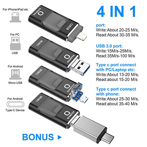 USB Flash Drive, Qarfee Photo Stick, 128GB External Storage Memory Stick Photostick Mobile, Thumb Drive USB 3.0 Compatible iPhone/iPad/PC/Type C/Android Backup OTG Smart Phone-Black - Thumbnail 6