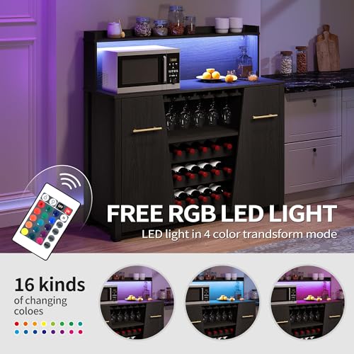 DWVO-Sideboard-Buffet-Cabinet-wLED-Lights-47-Coffee-Bar-Cabinet-with-Storage-Wine-Rack-and-Glass-Holder-Liquor-Cabinet-wAdjustable-Shelf-for-Living-Room-Kitchen-Dining-Room-Black DWVO Sideboard Buffet Cabinet wLED Lights 47 Coffee Bar Cabinet with Storage Wine Rack and Glass Holder Liquor Cabinet wAdjustable Shelf for Living Room Kitchen Dining Room Black