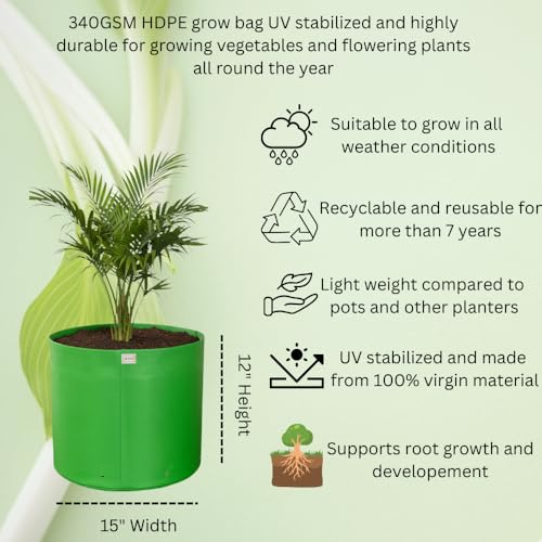 Image of HDPE UV Treated 340 GSM Plant Growing Bags for Terrace Gardening Easy to Use 15 x 12 Inch - Pack of 5