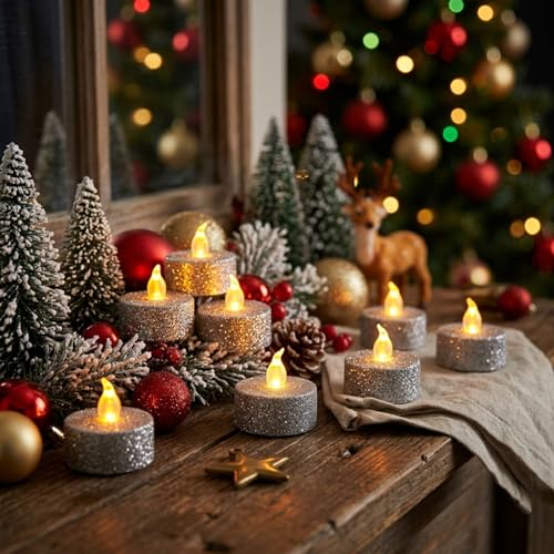 Image of 12Pcs Sliver Glitter Tea Light Candles Battery Operated with Timer | Led Flameless Tealight Vitive Candles, Warm White Flickering for Christmas Decor,Event,Anniversary Party,Wedding