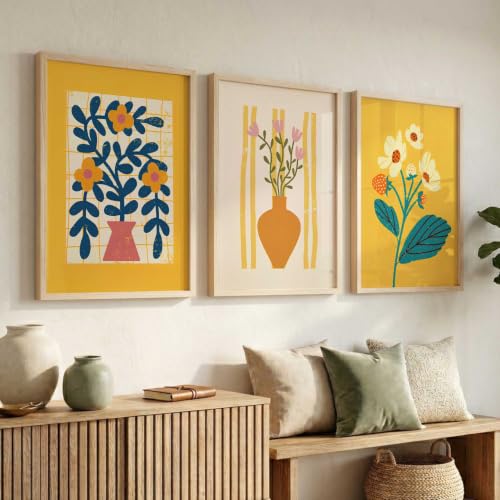 Image of kotart Aesthetic Floral Art Home Decoration | Boho Floral Paintings With Frame For Living Room Bed Room Hotel Wall Decor Digital Reprint Set of 3 (14x20 Inch)