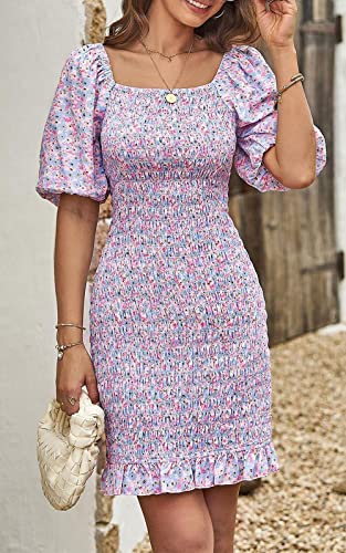 PRETTYGARDEN Women's 2025 Summer Floral Puff Sleeve Mini Dress Square Neck Ruffle Hem Bodycon Dresses Smocked Dress Women3