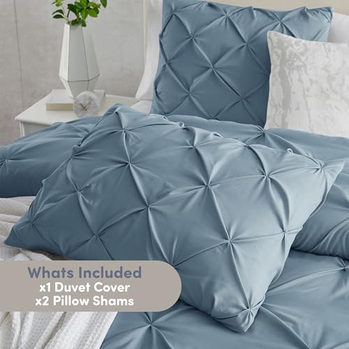 Image of Nestl Stone Blue Duvet Cover King Size - Soft Double Brushed Duvet Set with Button Closure & Corner Ties, 3 Piece Luxurious Pinch Pleated Duvet Cover Set 104x90 Inches with 2 Pillow Shams