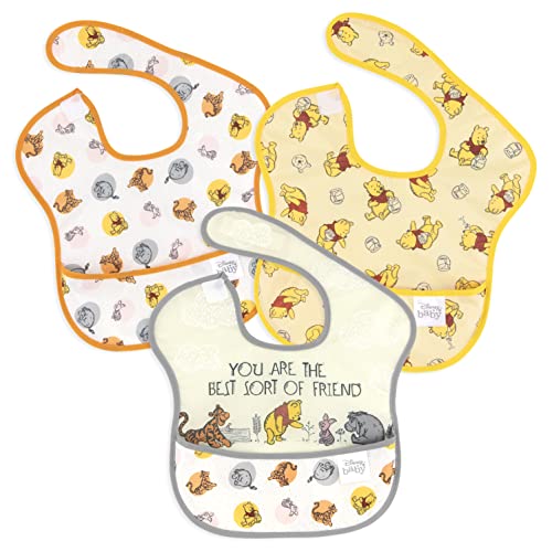 Image of Bumkins Disney Bibs for Girl or Boy, SuperBib Baby and Toddler 6-24 Months, Essential Must Have for Eating, Feeding, Baby Led Weaning, Mess Saving Waterproof Soft Fabric, 3-pk Pooh Bear and Friends