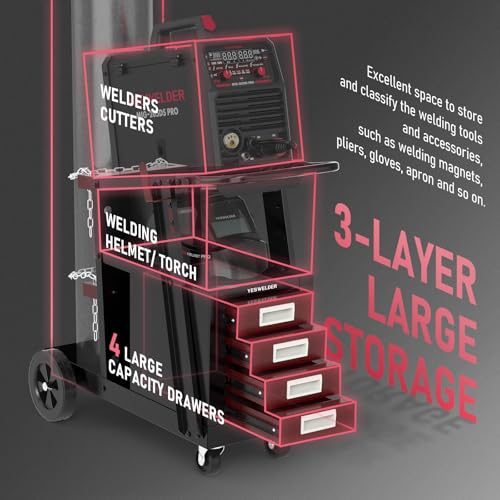 Image of YESWELDER Welding Cart with 4 Drawers for MIG Welder TIG Welder and Plasma Cutter, Black&Red Version Heavy Duty Large Storage 360 Rolling Welding Trolley