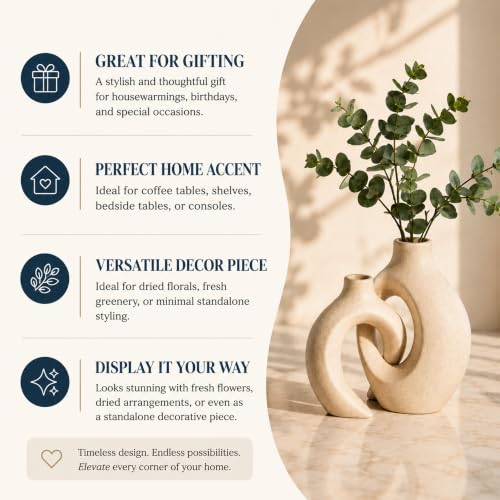 Image of Art Street Knot Norma Double Ceramic Vase |Modern Geometric Shapes |White Decorative Flower Pot for Home| Living Room, Bedroom, and Office Decor|Vase for New Year, Christmas Decor| Size (8x7 Inch)