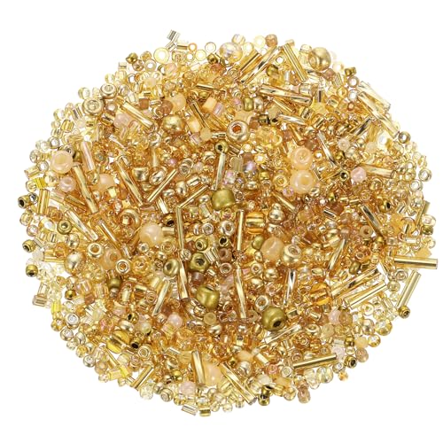 Sourcing Map 1000 Pcs Glass Seed and Bugle Beads 1-4mm Mini Loose Spacer for DIY Earrings, Necklaces, Bracelets, Jewelry Making, Gold