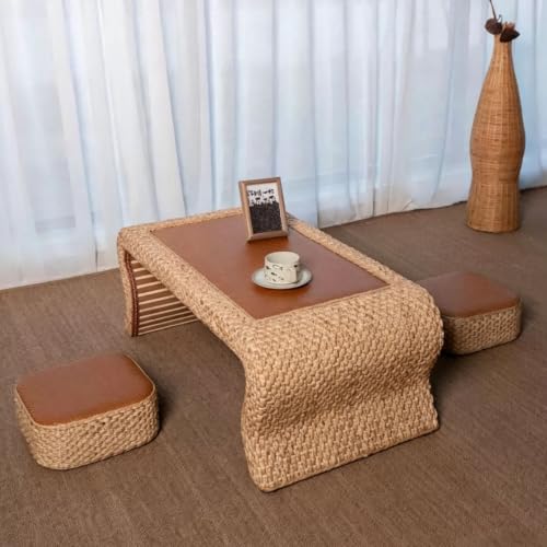 Table basse en bois massif et rotin avec 2 coussins de sol japonaise